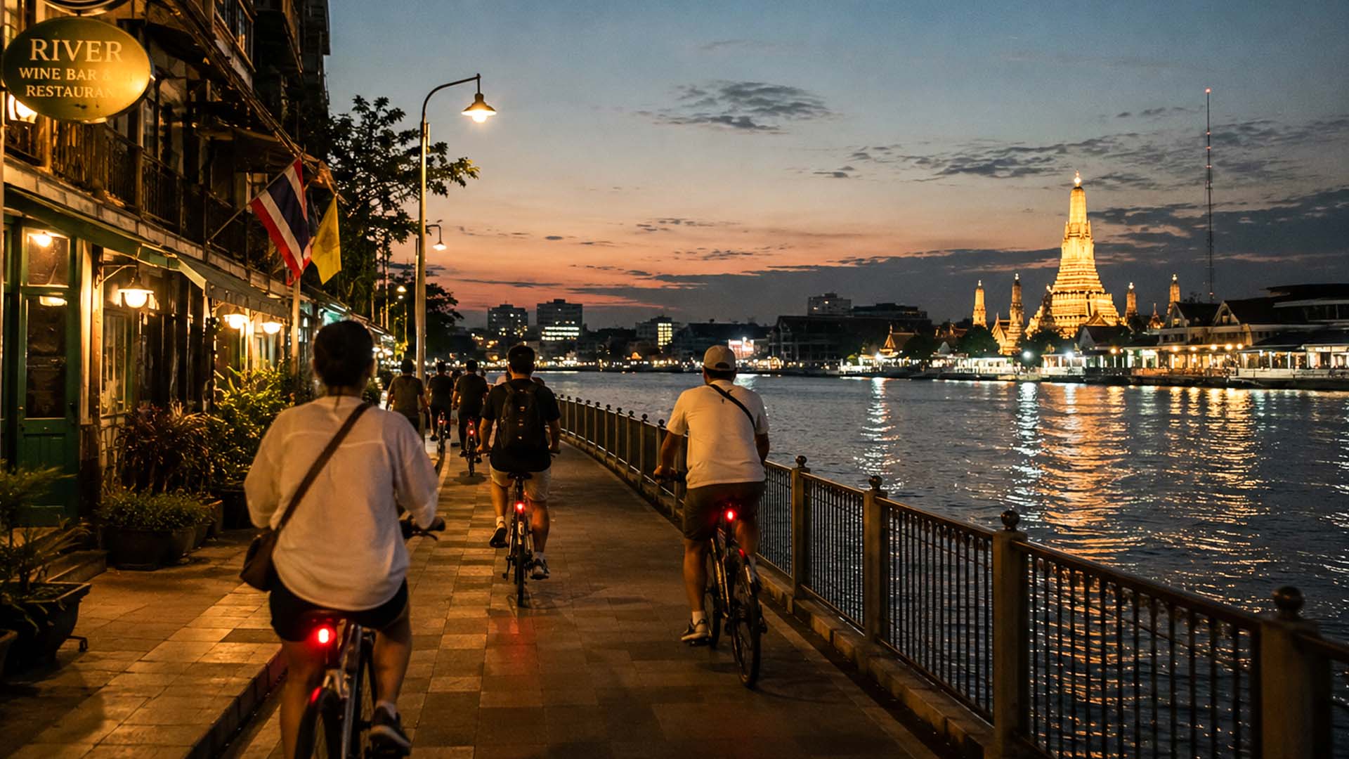 An evening bike tour through old Bangkok along the Chao Phraya River